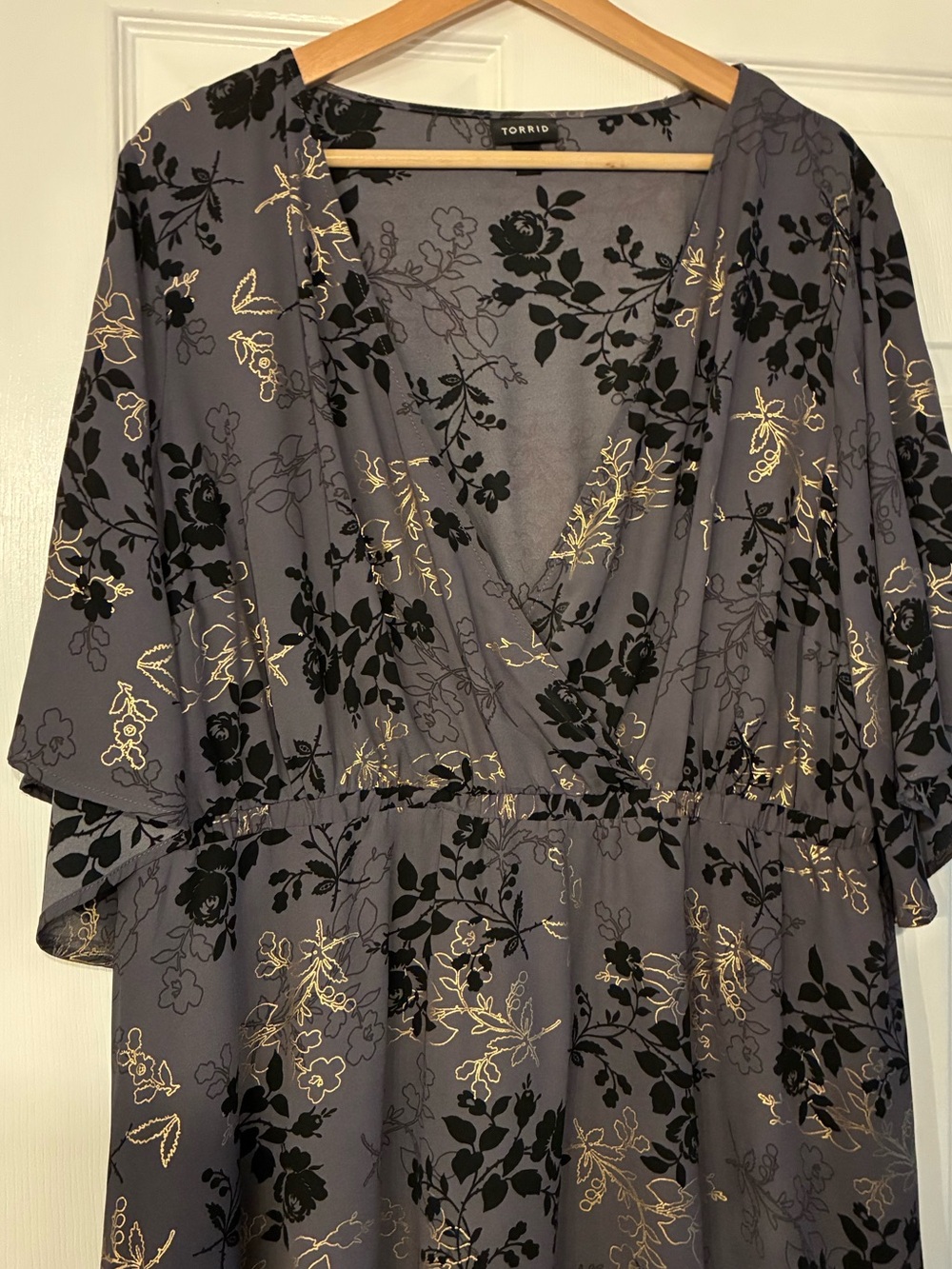 Torrid Gray Floral Wrap Blouse with Black Velvet Print